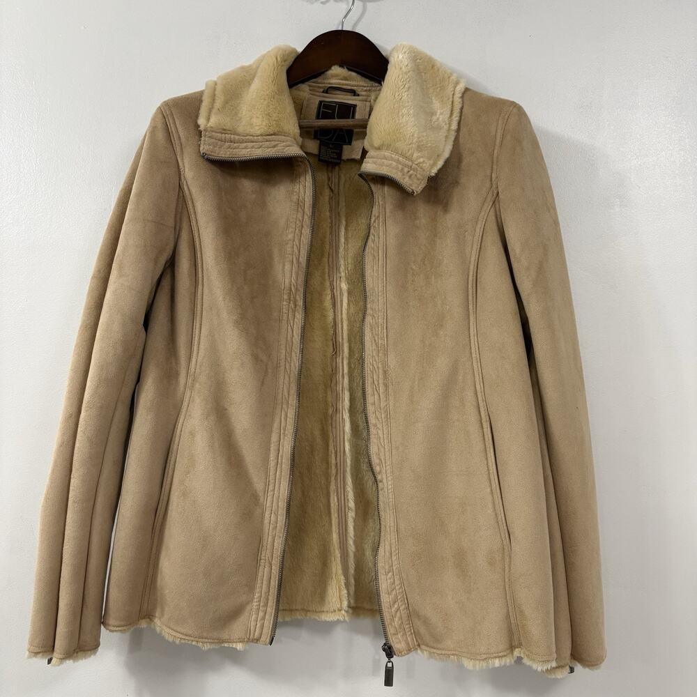 FU DA Womens Large Tan Faux Suede Shearling Jacket Faux Fur Lined Full Zip